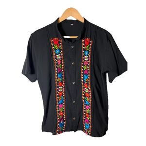 Black Boho Embroidered Floral Shirt Men’s Large‎ Mexico Folk Festival Casual Top